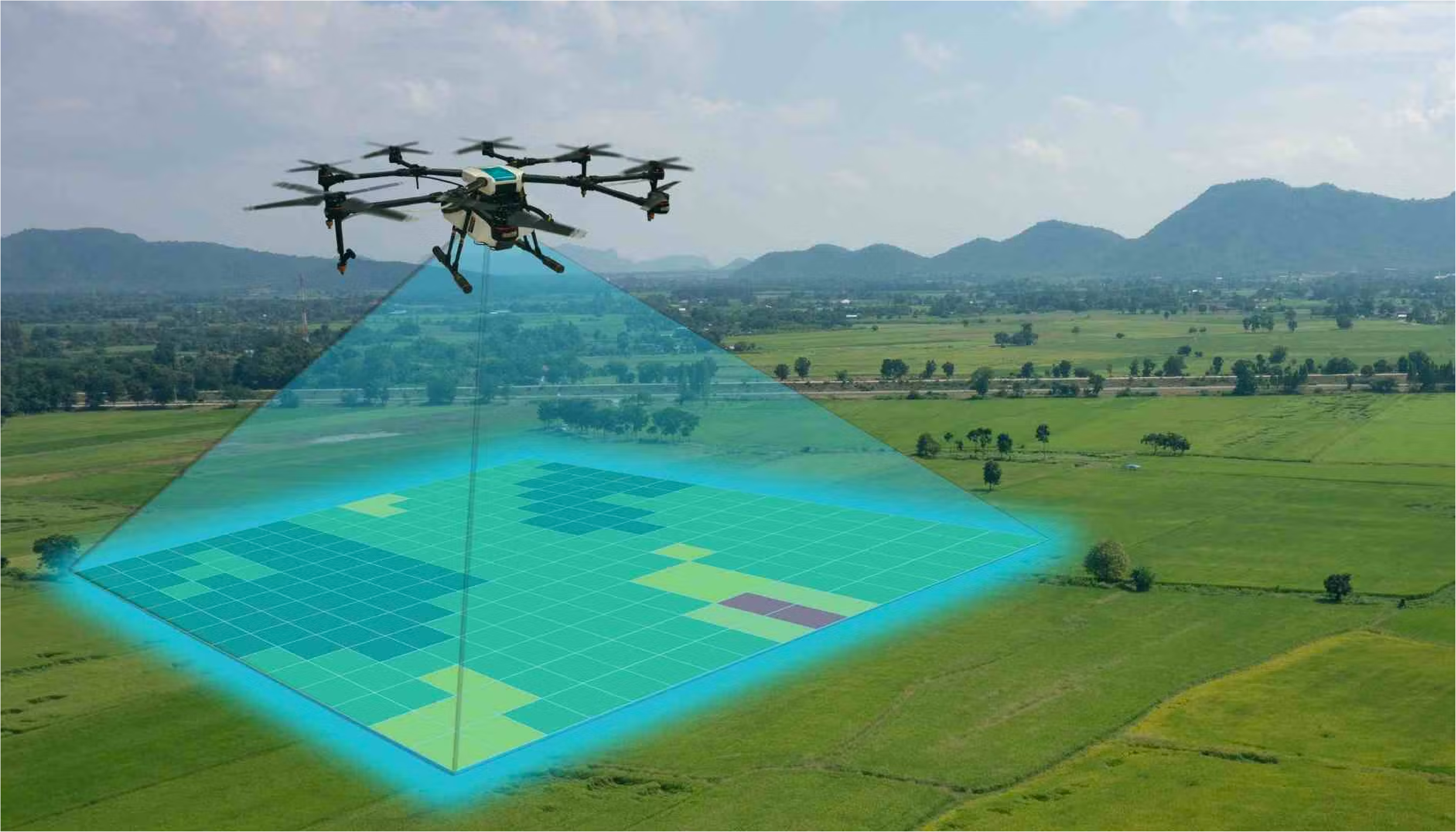 Drone realizando mapeo y análisis de cultivo agrícola